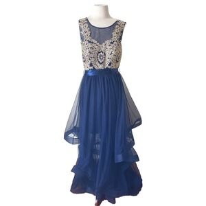 Fairycore Prom City Triangles Dress Navy blue‎ Gold Rhinestones Sz 7 Formal Maxi